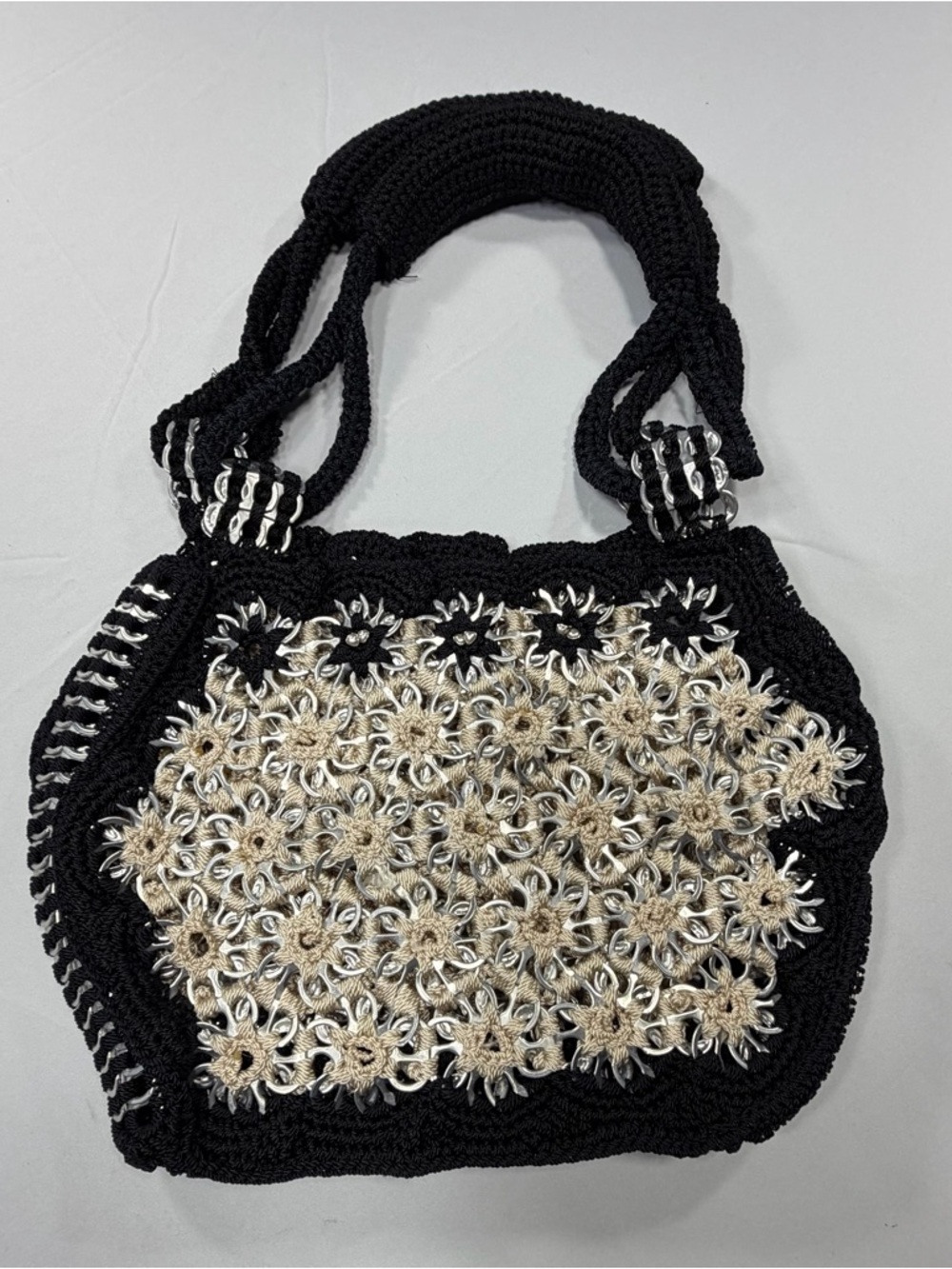 Upcycled Pop Soda Tab Crochet Shoulder Bag Black Cream Handmade Boho Festival - Picture 6 of 10